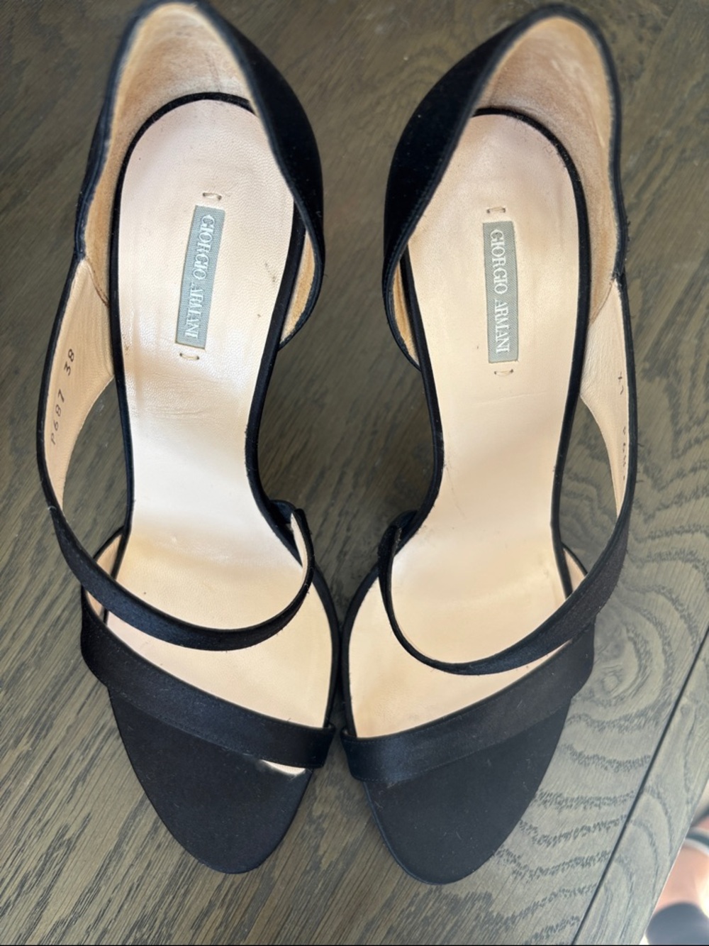 Giorgio Armani Black Satin Strappy Open-Toe Heels